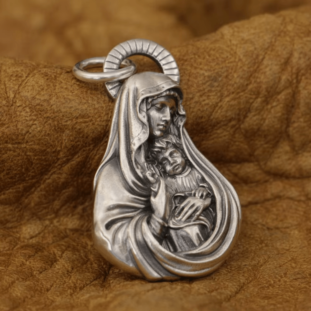 Christianartworkshop Sacred Madonna and Child Devotional Pendant Necklace in Vintage Silver - S (27mm) - image 1