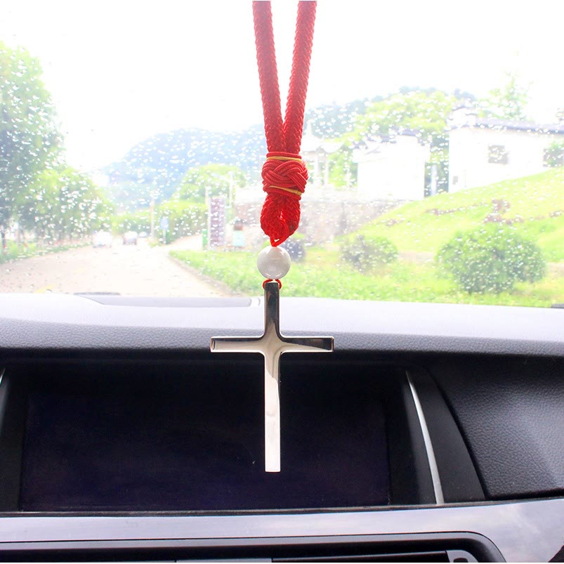 Christianartworkshop Minimalist Tri-color Cross Car Pendant: Spiritual Safety on the Road - Silver - Red - image 2