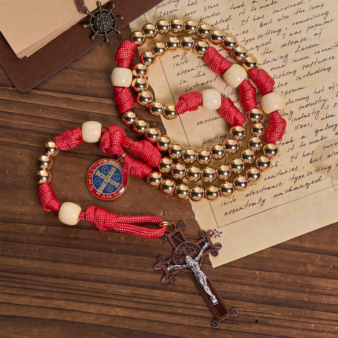 Christianartworkshop Golden Glory Beads Red Paracord Rosary with St. Benedict  - St. Benedict & Crucifix - image 1