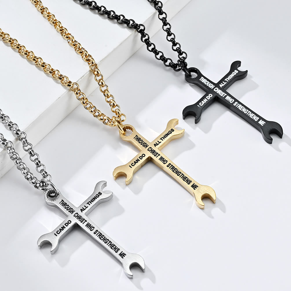 Christianartworkshop Minimalist Tricolor Wrench Cross Necklace with Faith & Strength Bible Verse - Golden - image 1
