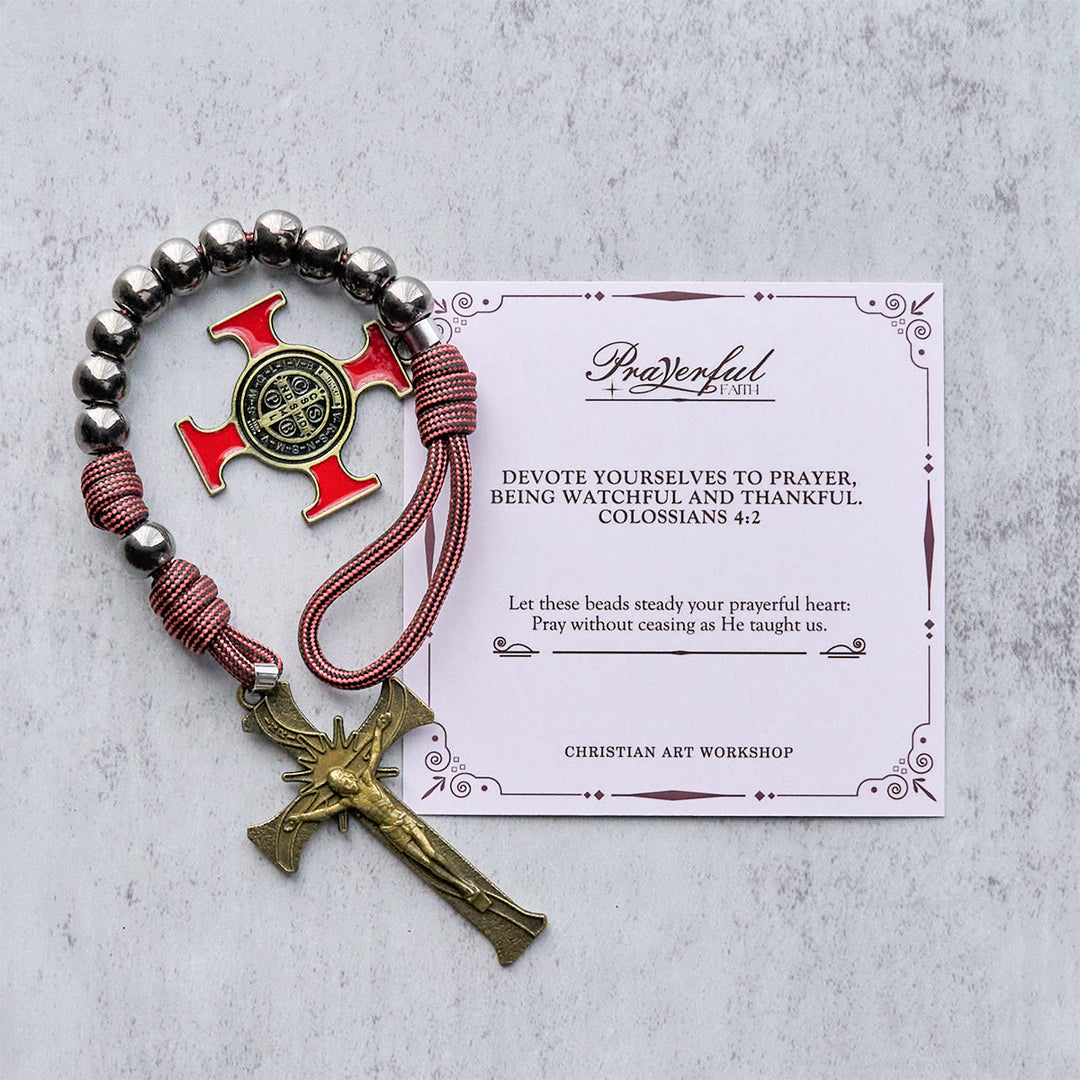 Christianartworkshop PRAYERFUL FAITH: All-Place Portable Paracord Pocket Rosary with Crucifix & St. Benedict - PRAYERFUL FAITH - image 0