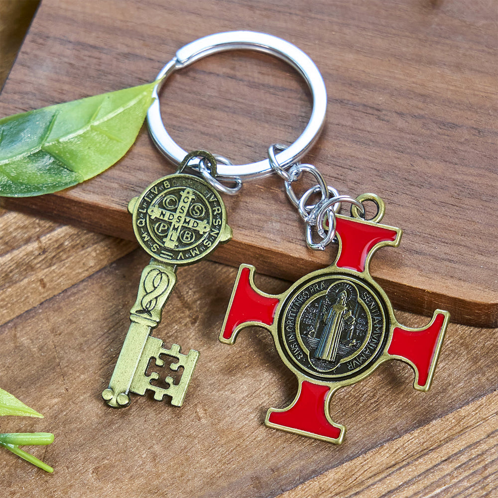 Christianartworkshop Vintage Style Multi-Colored St. Benedict Keychain for Spiritual Defense - Red - image 2
