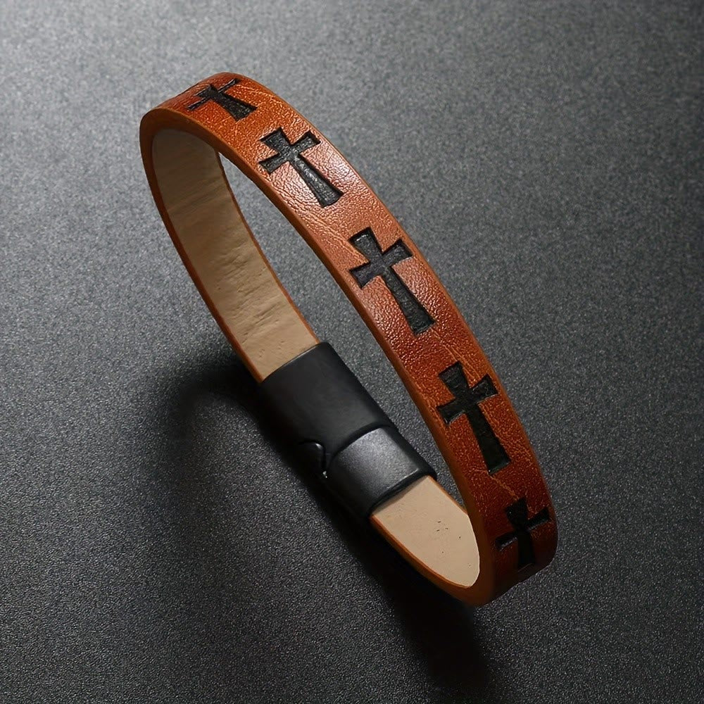 FREE Today: Classic Style Multicolor Leather Magnetic Buckle Bracelet with Cross Motifs - Brown - image 4
