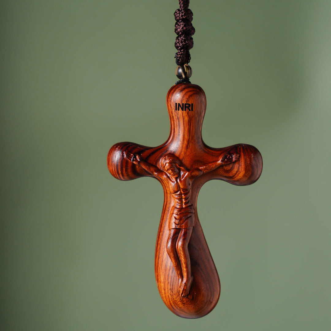Christianartworkshop Vintage Sandalwood INRI Crucifix Car Pendant & Necklace: Devotion on the Road - Car Pendant - image 1
