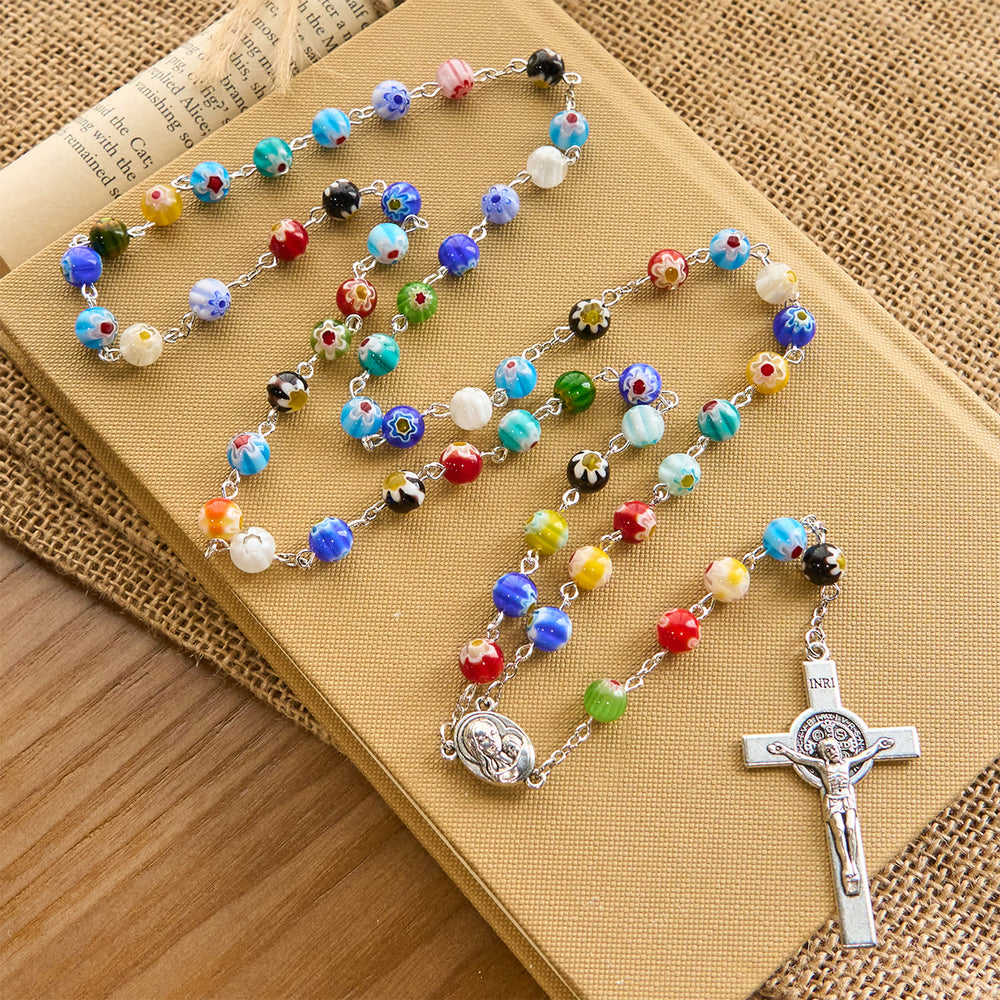Christianartworkshop Multicolored Vibrant Flower Pattern Murano Beads Rosary with Madonna and Child - image 2