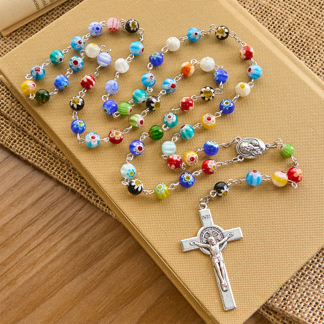 Christianartworkshop Multicolored Vibrant Flower Pattern Murano Beads Rosary with Madonna and Child - Madonna and Child - image 1