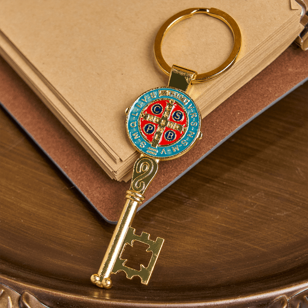 Christianartworkshop Tri-color Blessed Saint Benedict Keychain of Guidance & Protection - Red & Blue - image 2