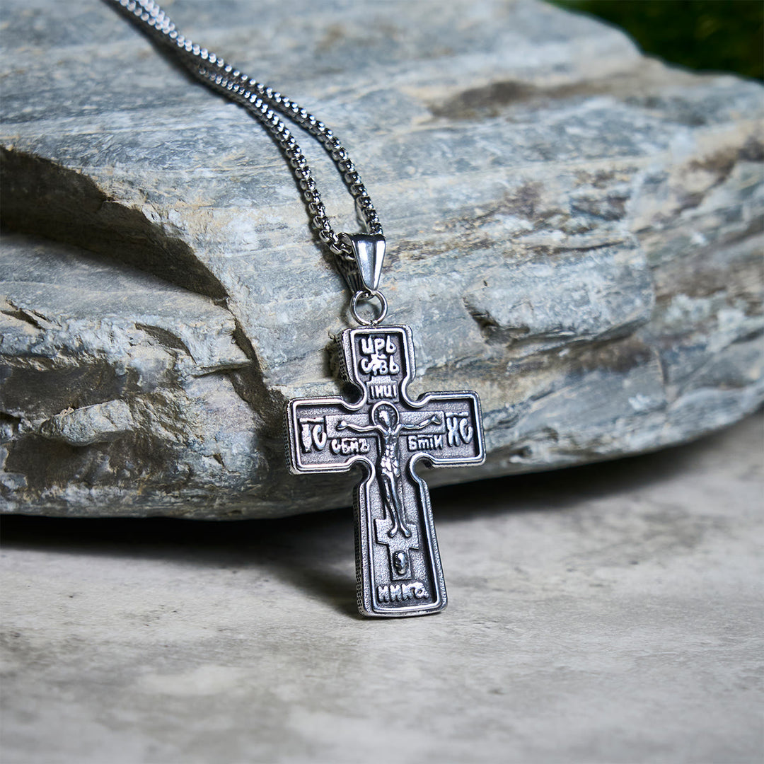 Christianartworkshop Vintage Titanium Steel Sacred Orthodox Cross Necklace with Religious Script - A - image 0