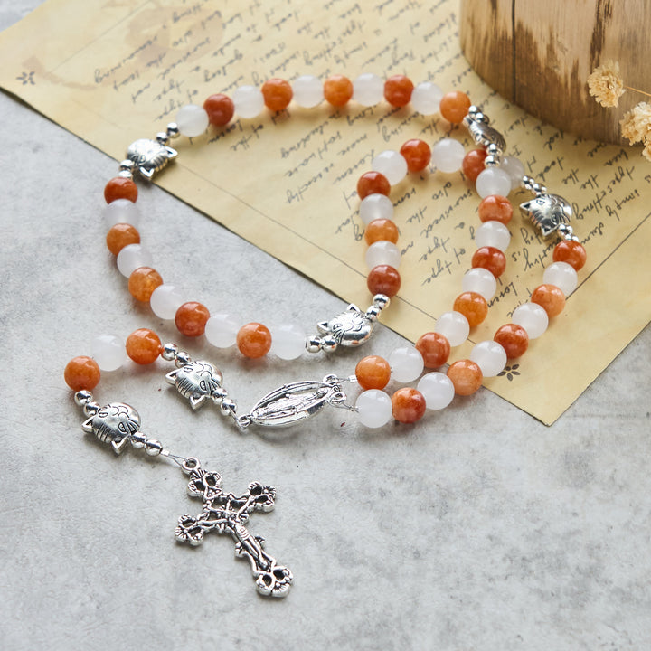 FREE Today: Orange & White Quartz with Cat Face Stainless Steel Charms of Orange Tabby Bracelet, Animal Rosary - image 3