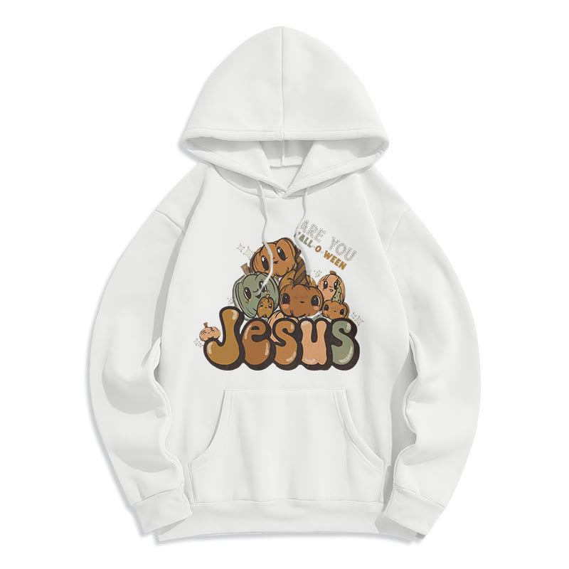 Christianartworkshop Whimsical Pumpkin Design with "Jesus" Print Halloween Fleece Lined Polyester Hoodie - White - 2XL - image 7
