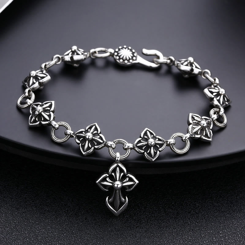Retro Styled Sterling Silver Cross Bracelet with Floral Motifs