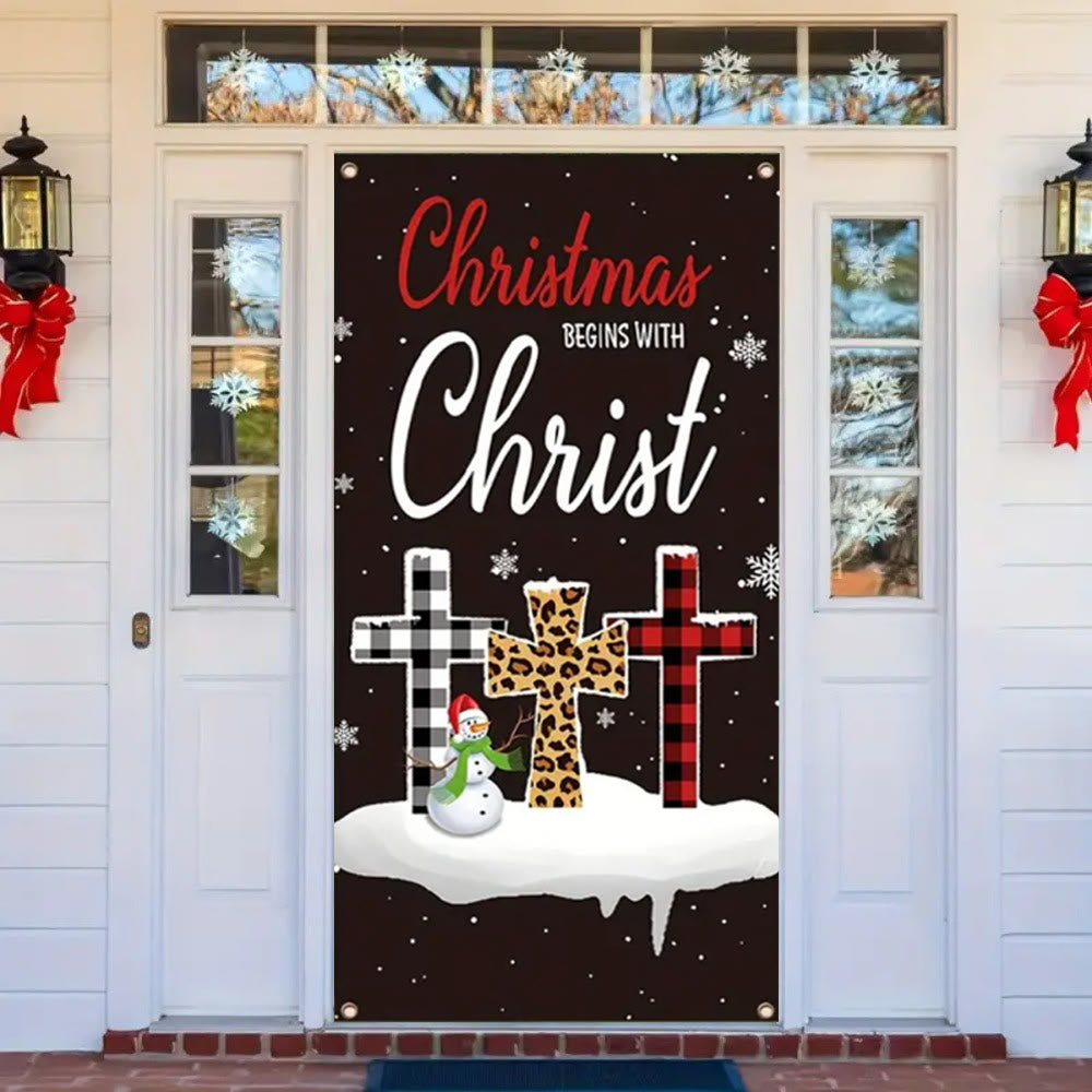Christianartworkshop Festive “Christmas Begins With Christ” Door Banner: Plaid/Leopard Cross - image 3