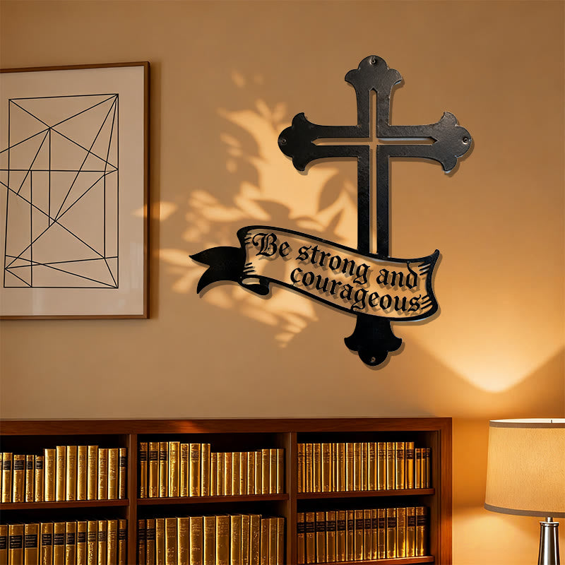 Christianartworkshop Bold Black Cross Metal Wall Art with Be Strong and Courageous Quote - image 1