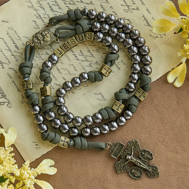 Christianartworkshop Military - Style Paracord Custom Rosary: Silver-Toned Beads & Brass JESUS - JESUS (No Custom) - image 0