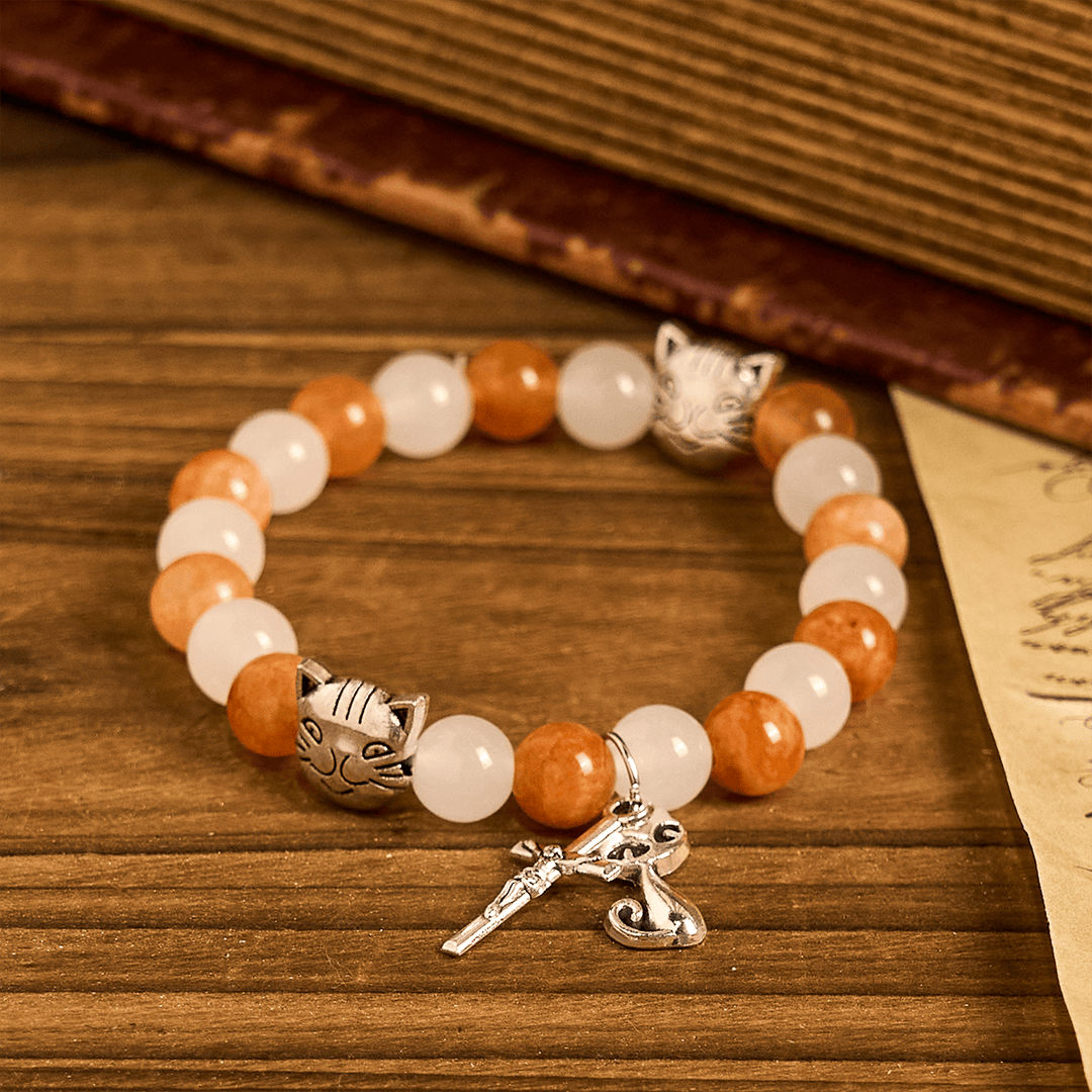 FREE Today: Orange & White Quartz with Cat Face Stainless Steel Charms of Orange Tabby Bracelet, Animal Rosary - image 13