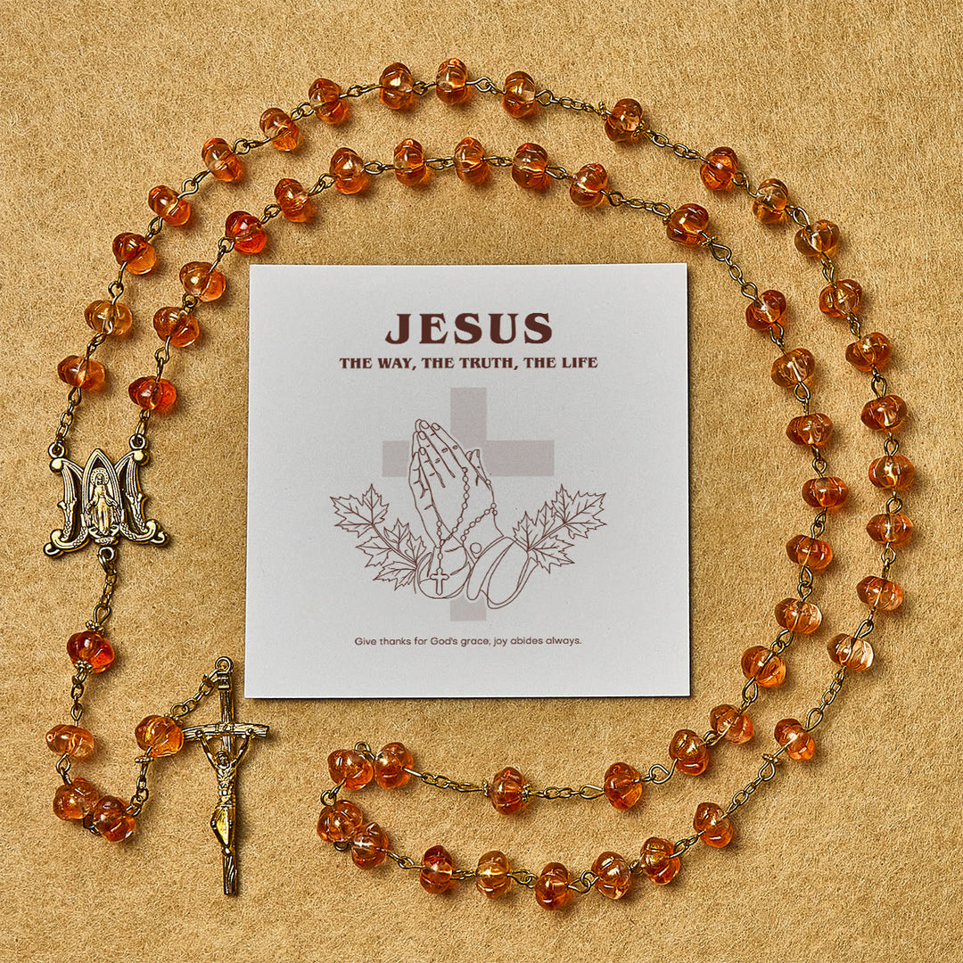 Christianartworkshop Thanksgiving Day: Sacred Pumpkin Beads Rosary with Miraculous Medal and Cross - Thanksgiving Day - image 0
