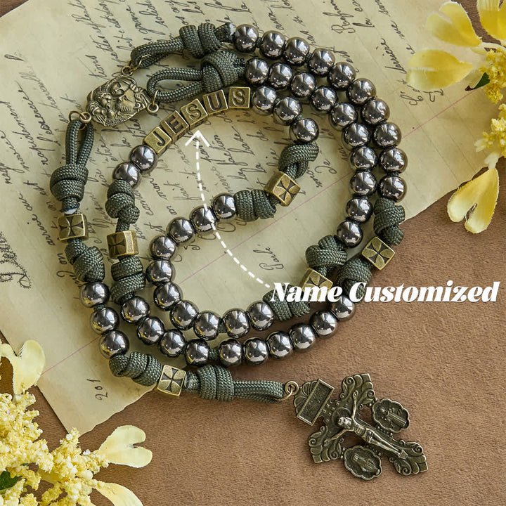 Christianartworkshop Military - Style Paracord Custom Rosary: Silver-Toned Beads & Brass JESUS - Name Customized - image 6