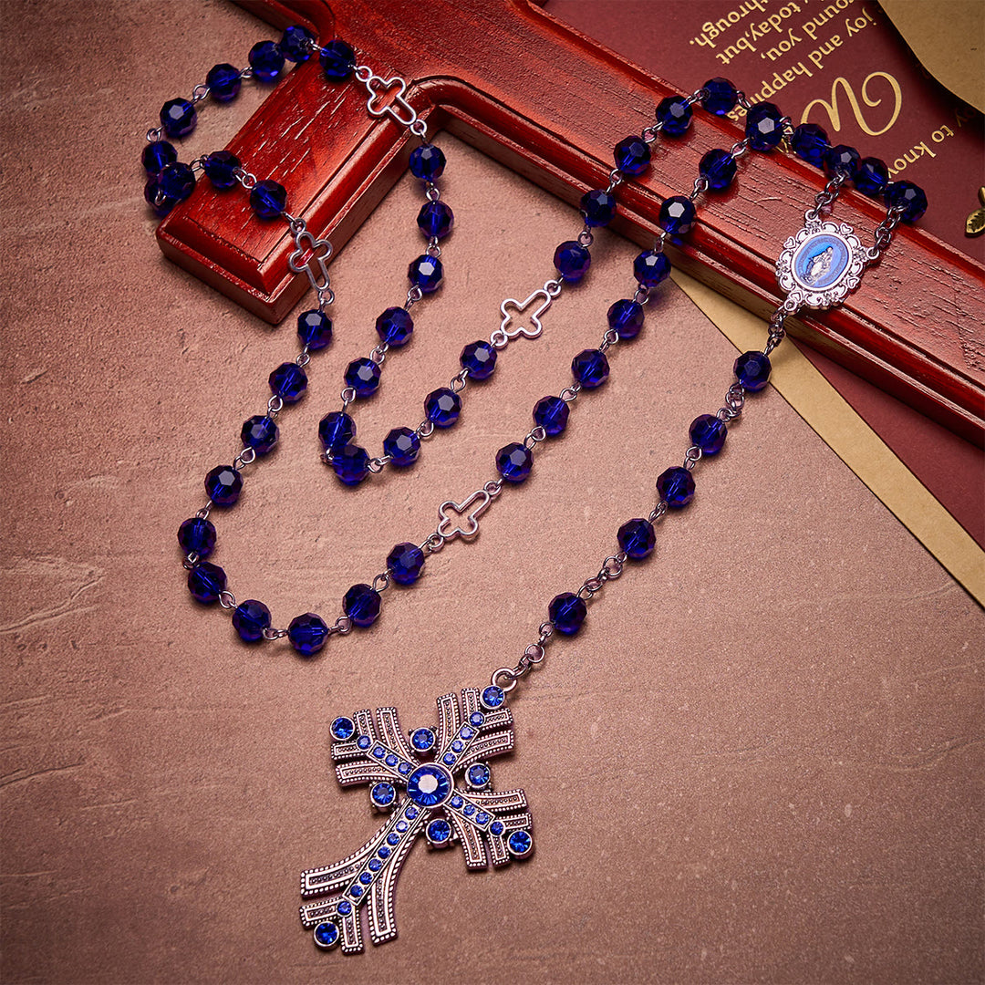 FREE Today: Christian Art Miraculous Medal & Cross of 8 mm Polyhedron Blue Crystal Alloy Chain Rosary - image 3