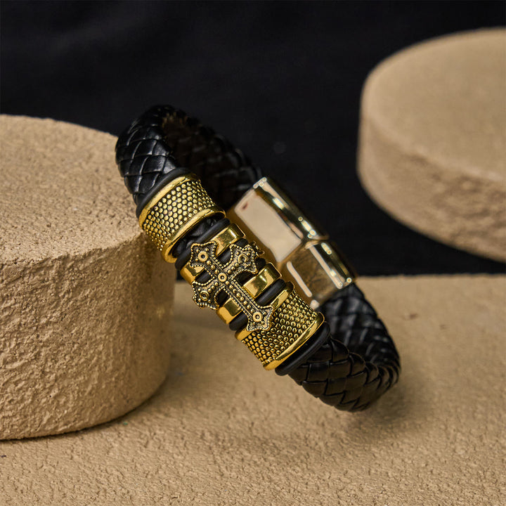 FREE Today: Classic Two-Tone Holy Cross Leather Bracelet with Braided Design - Golden - image 5