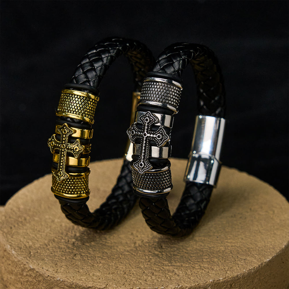 FREE Today: Classic Two-Tone Holy Cross Leather Bracelet with Braided Design - image 1