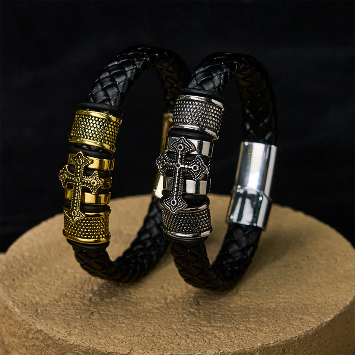 FREE Today: Classic Two-Tone Holy Cross Leather Bracelet with Braided Design - image 1