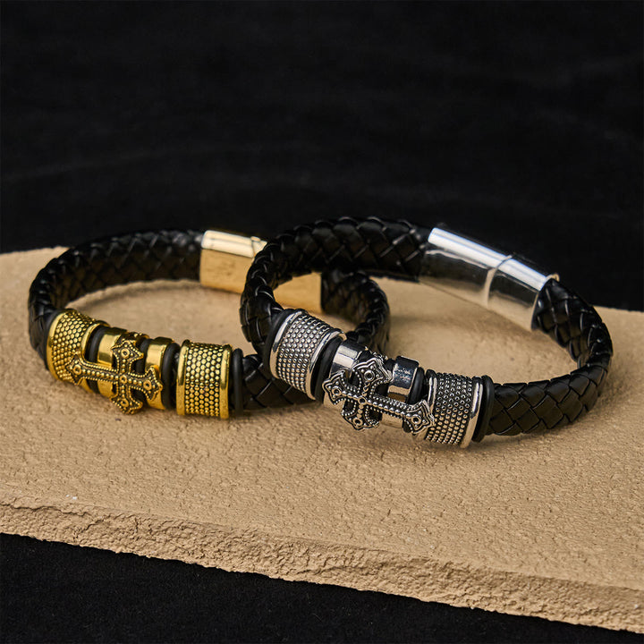 FREE Today: Classic Two-Tone Holy Cross Leather Bracelet with Braided Design - image 3