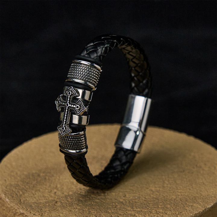 FREE Today: Classic Two-Tone Holy Cross Leather Bracelet with Braided Design - image 6