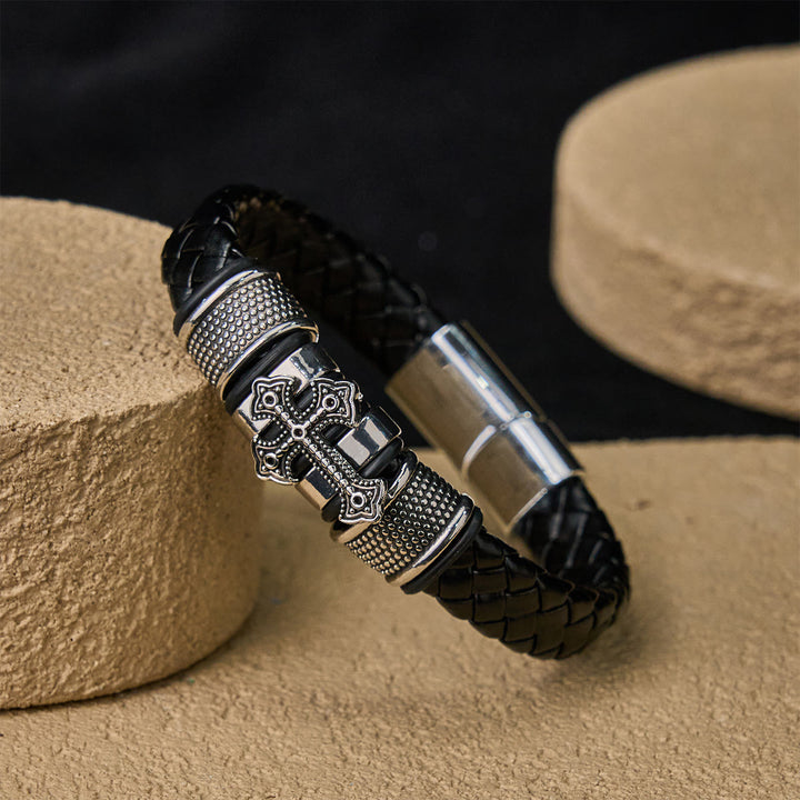 FREE Today: Classic Two-Tone Holy Cross Leather Bracelet with Braided Design - image 4