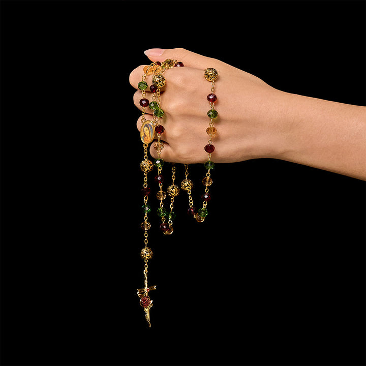 FREE Today: Vintage Red Green Faceted Beads Christmas Rosary with Our Lady & Rose Crucifix - image 1