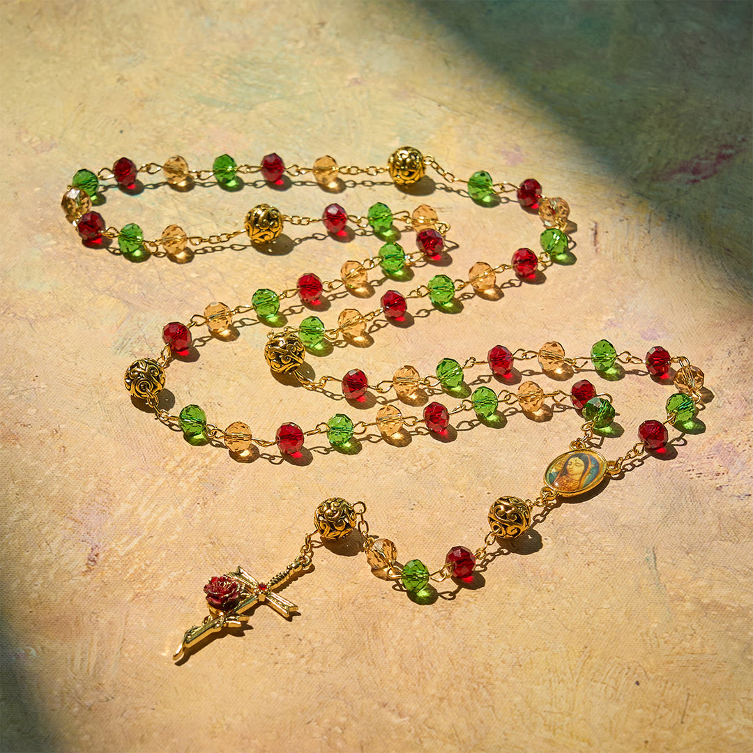 FREE Today: Vintage Red Green Faceted Beads Christmas Rosary with Our Lady & Rose Crucifix - image 5