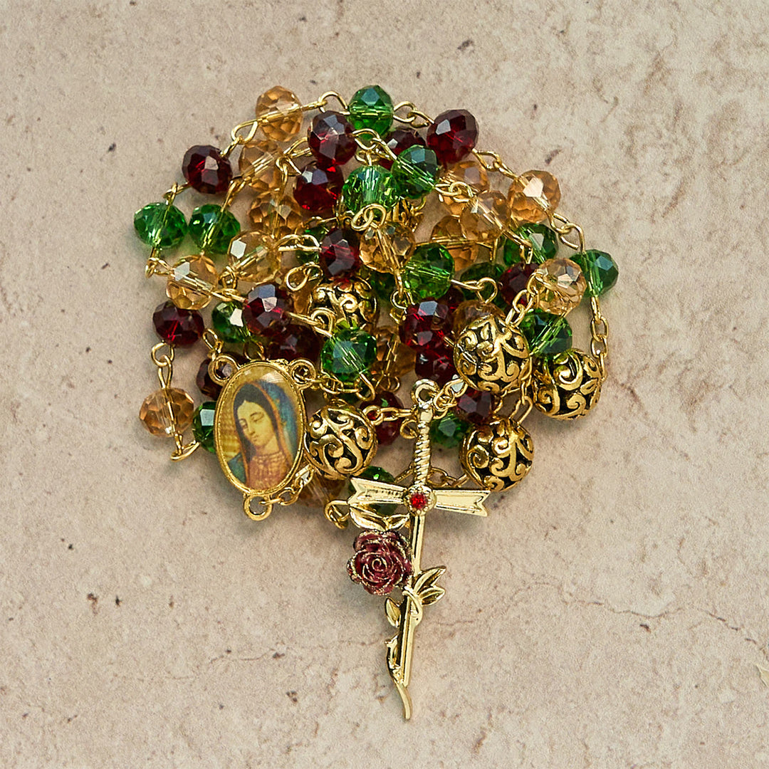 FREE Today: Vintage Red Green Faceted Beads Christmas Rosary with Our Lady & Rose Crucifix - image 4