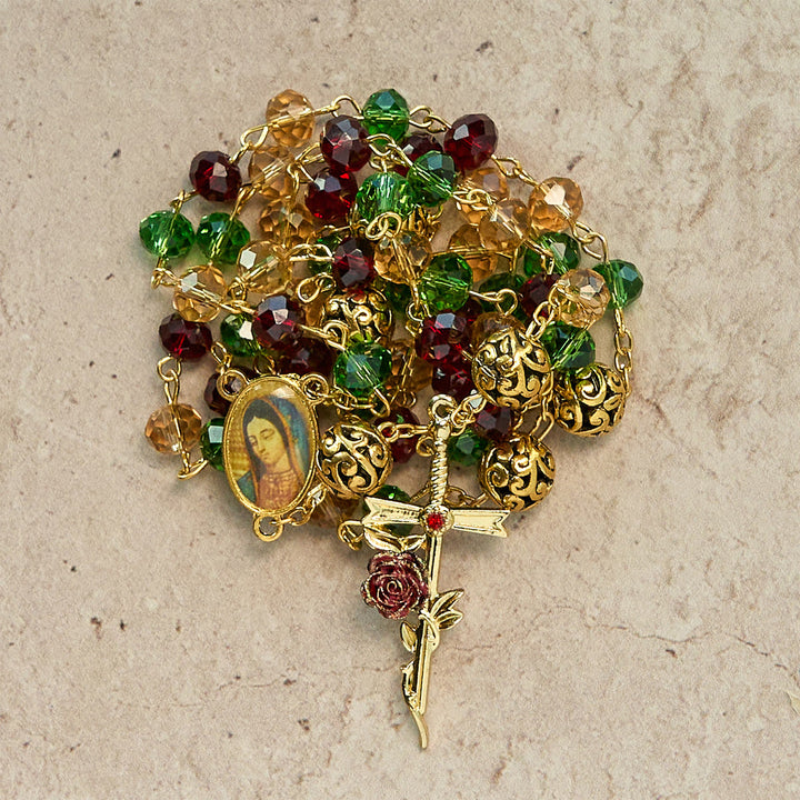 FREE Today: Vintage Red Green Faceted Beads Christmas Rosary with Our Lady & Rose Crucifix - image 4