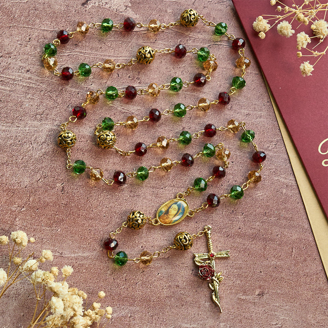 FREE Today: Vintage Red Green Faceted Beads Christmas Rosary with Our Lady & Rose Crucifix - image 3