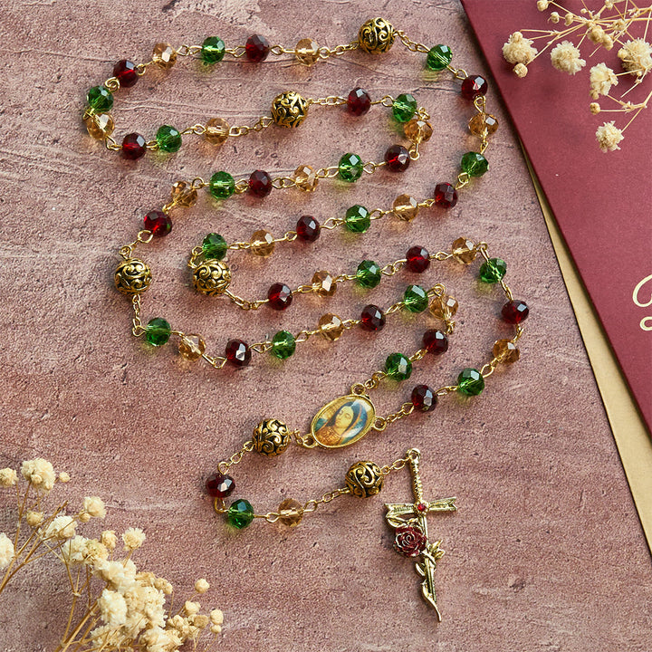 FREE Today: Vintage Red Green Faceted Beads Christmas Rosary with Our Lady & Rose Crucifix - image 3