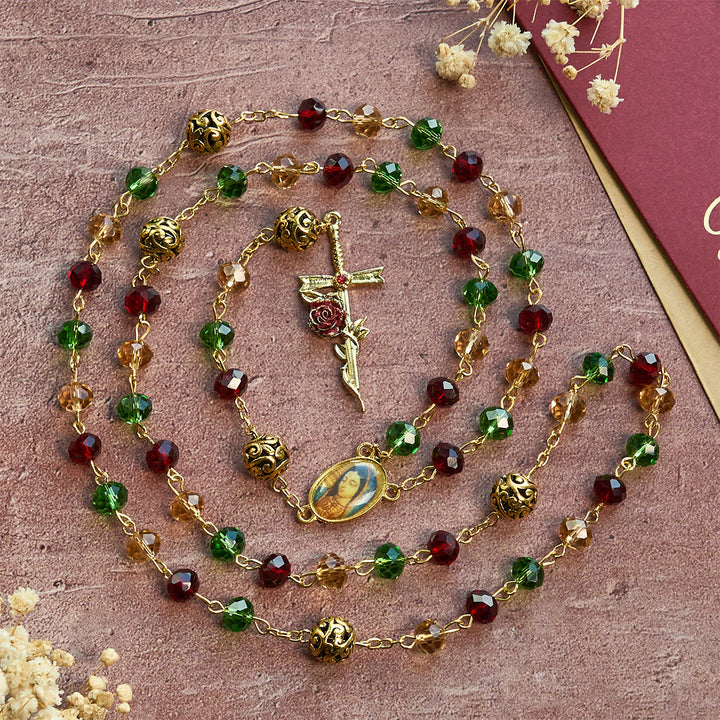 FREE Today: Vintage Red Green Faceted Beads Christmas Rosary with Our Lady & Rose Crucifix - image 2