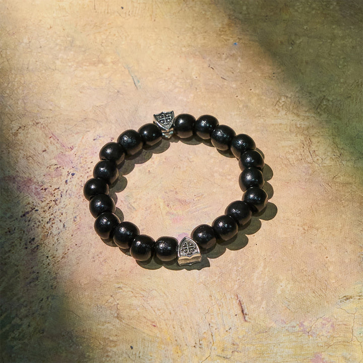 FREE Today: Black Wooden Prayer Handmade Bracelet with Dual Jerusalem Cross Shields - Wrist Circumference: 5.91''-7.09''/15-18cm - image 0