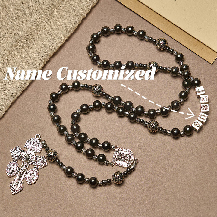 Christianartworkshop Black Agate Custom Rosary with Shield of St. Michael & Personalized JESUS  - Name Customized - image 5