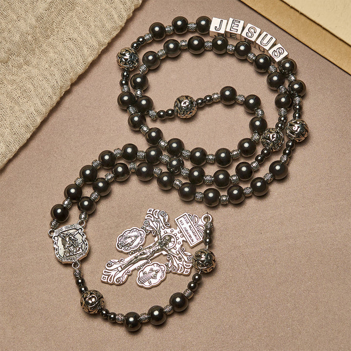 FREE Today: Black Agate Custom Rosary with Shield of St. Michael & Personalized JESUS  - JESUS (No Custom) - image 0