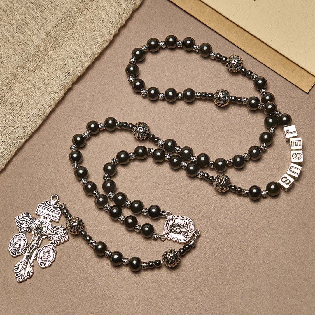 FREE Today: Black Agate Custom Rosary with Shield of St. Michael & Personalized JESUS  - image 2
