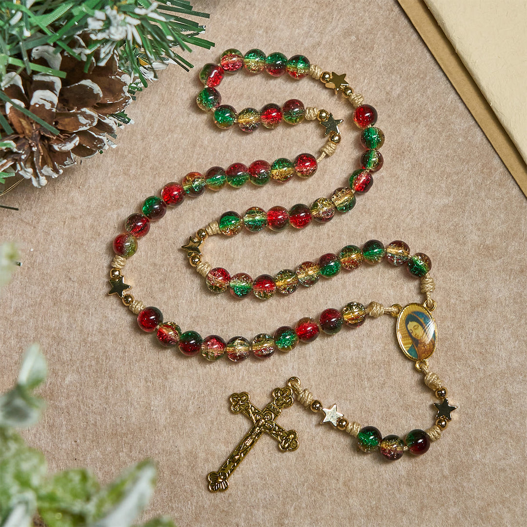 Christianartworkshop Christmas Glass Bead Rosary: Our Lady of Guadalupe Medal & Golden Crucifix - image 1