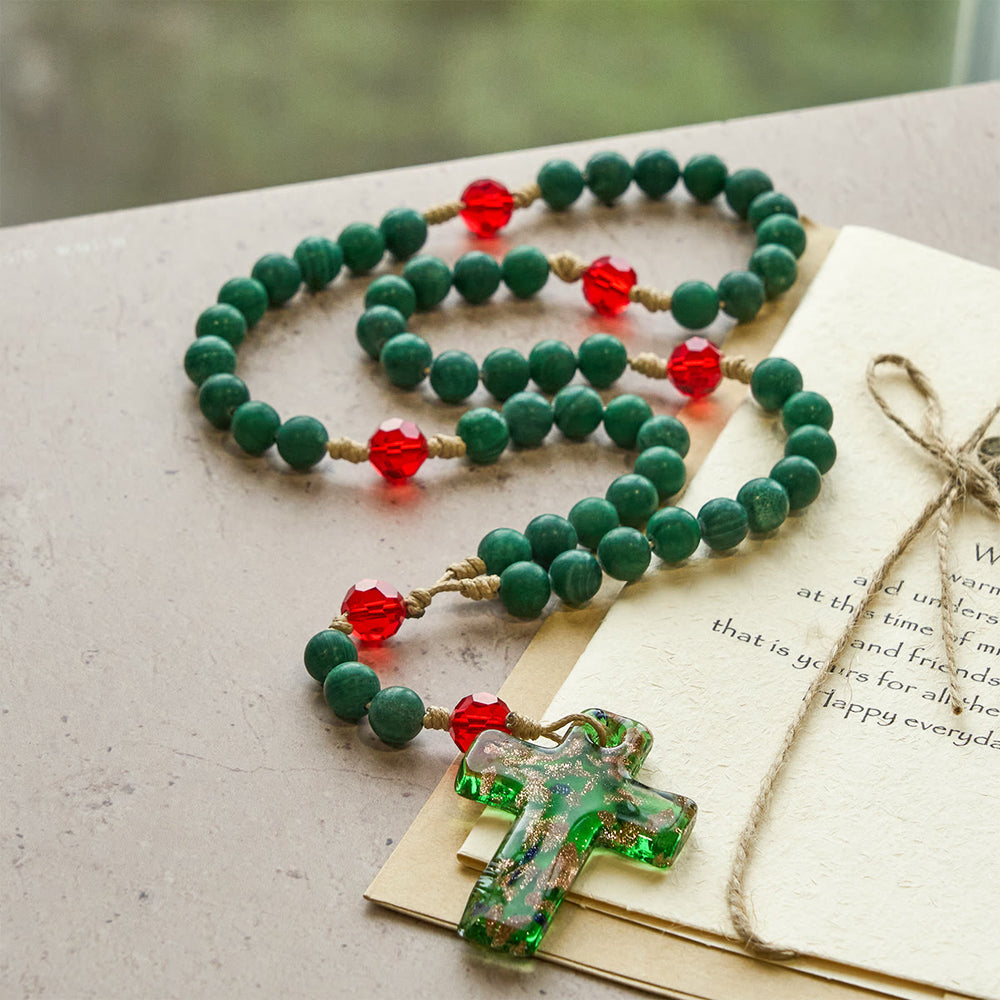 Christianartworkshop Green Patterned Stone Rosary for Devout Prayer: Green-Golden Glass Cross - image 1