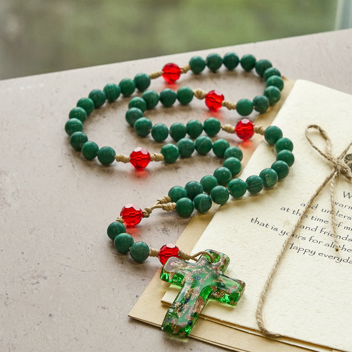 FREE Today: Green Patterned Stone Rosary for Devout Prayer: Green-Golden Glass Cross - image 1