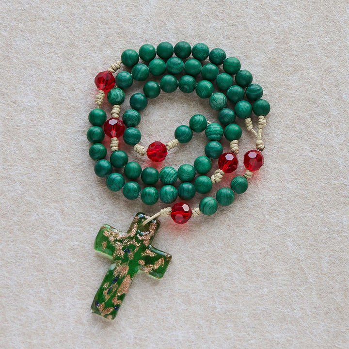 Christianartworkshop Green Patterned Stone Rosary for Devout Prayer: Green-Golden Glass Cross - Green Stone & Glass Cross - image 0