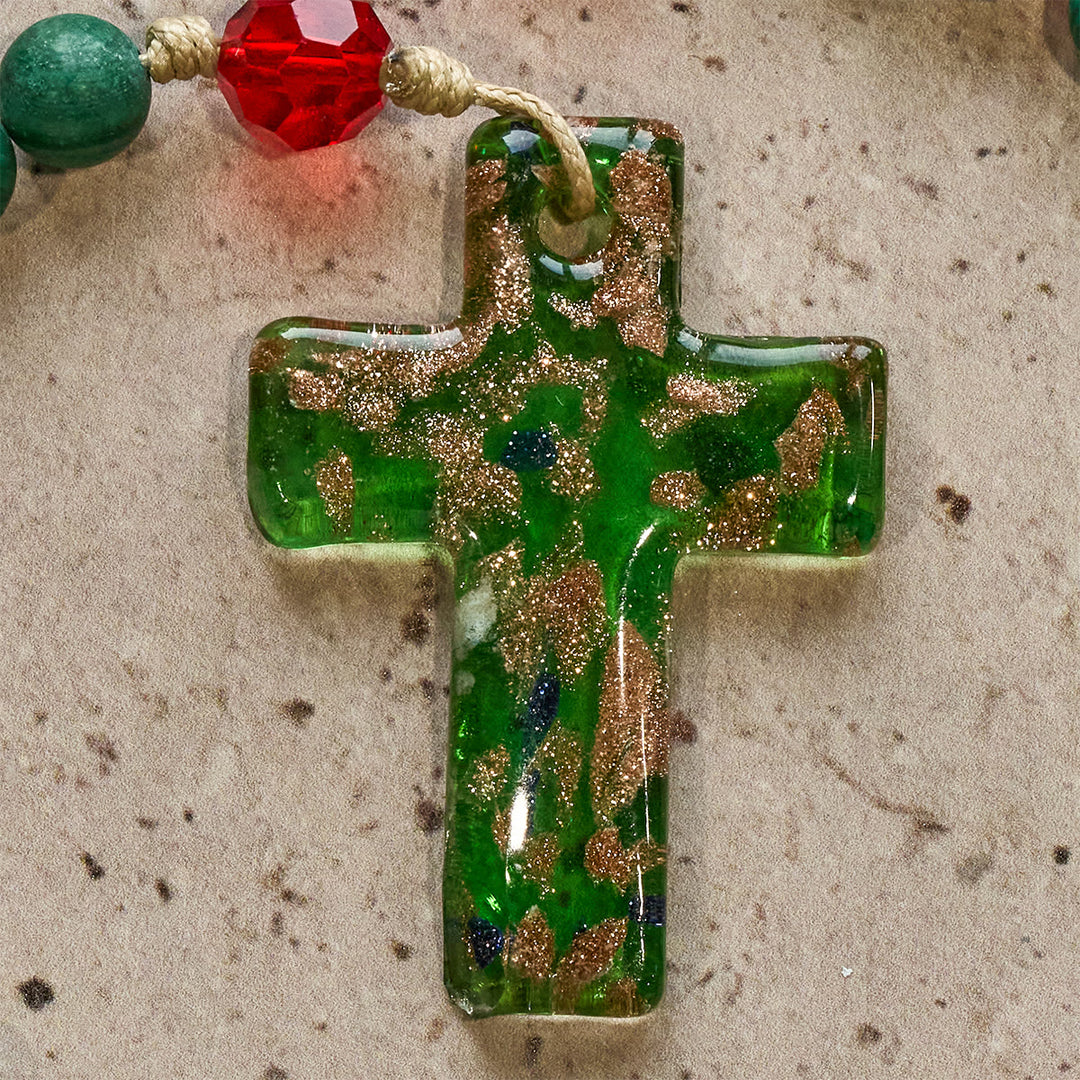 FREE Today: Green Patterned Stone Rosary for Devout Prayer: Green-Golden Glass Cross - image 9