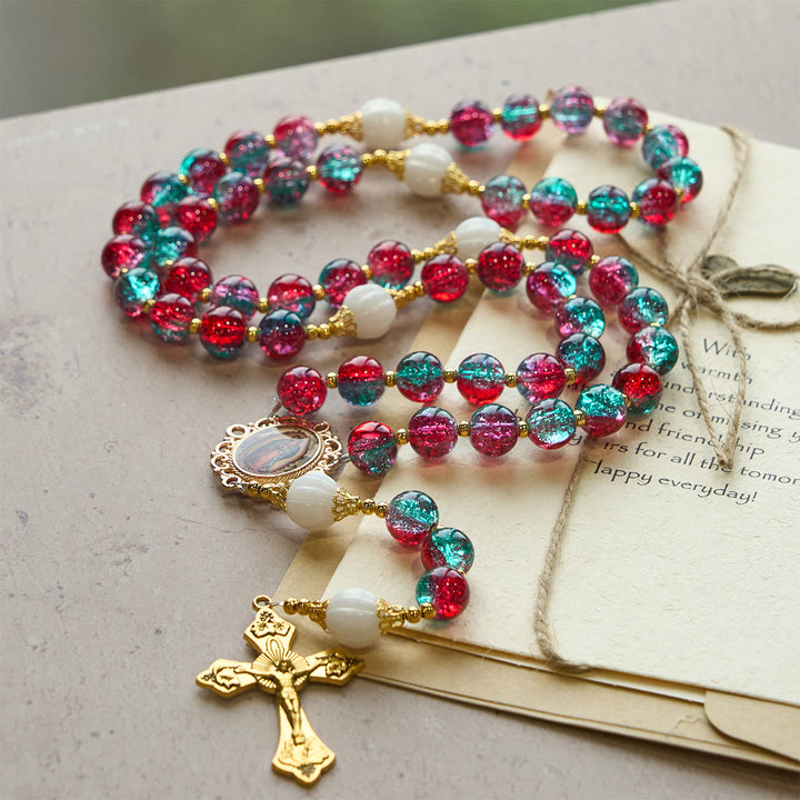 Christianartworkshop Christmas Red-Blue Glass Bead Rosary: Our Lady Medal & Ornate Cross - image 2