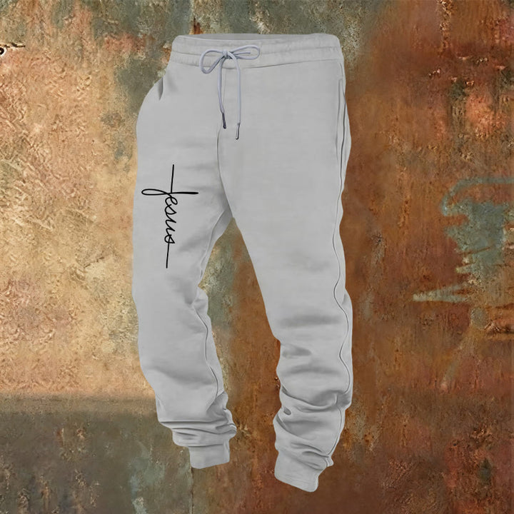 Christianartworkshop Minimal Jesus Cross Script Sweatpants: Every Step with Jesus - Light Grey - 2XL - image 13