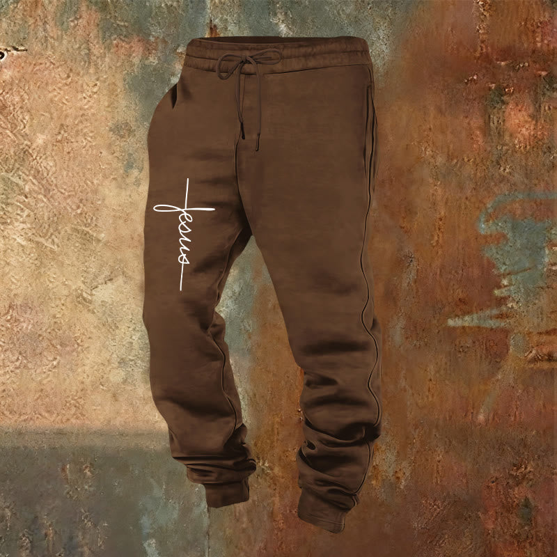 Christianartworkshop Minimal Jesus Cross Script Sweatpants: Every Step with Jesus - Brown - 2XL - image 21