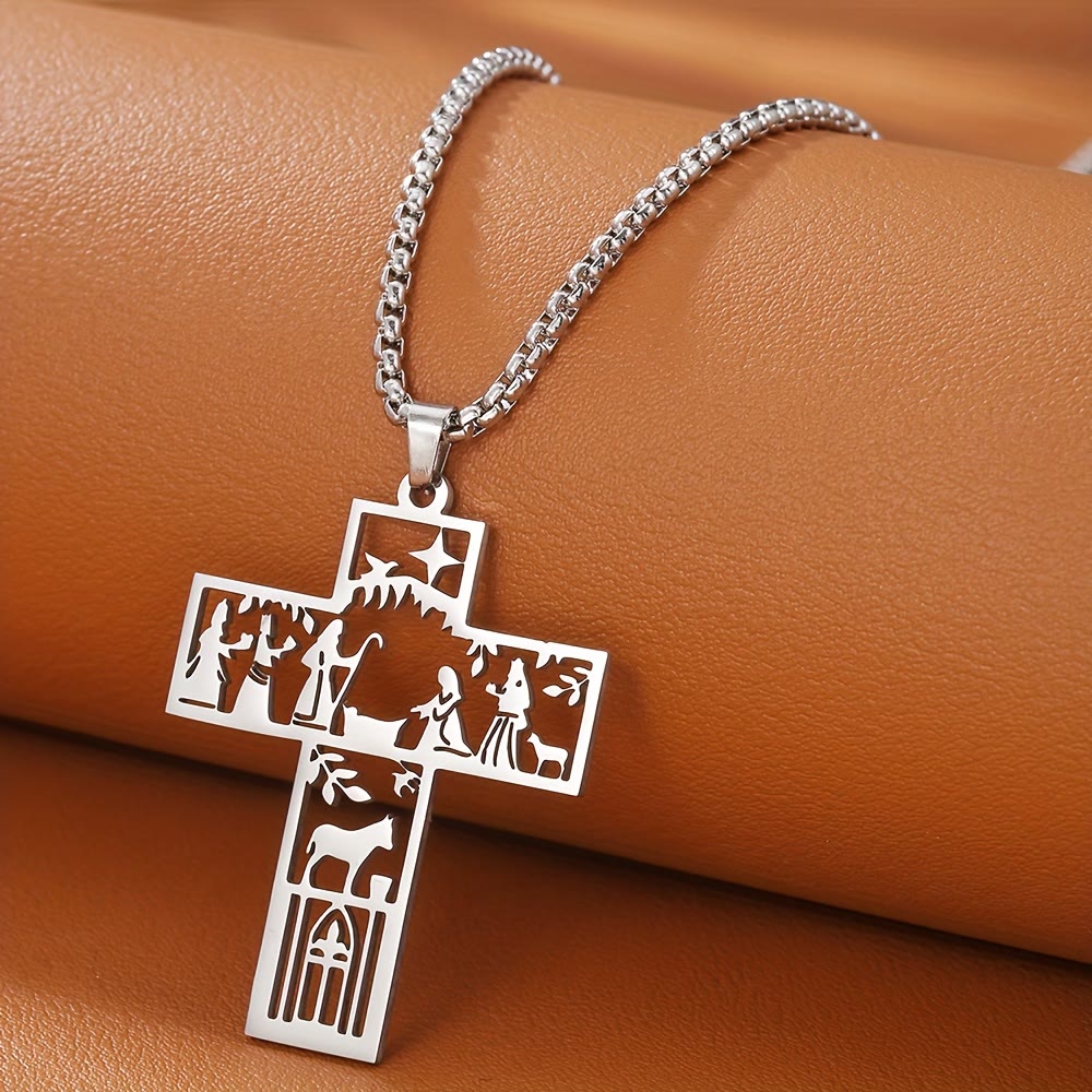 Christianartworkshop Cross with Nativity Cutout Necklace: Timeless Faith Symbol for Christmas - Silver - image 2