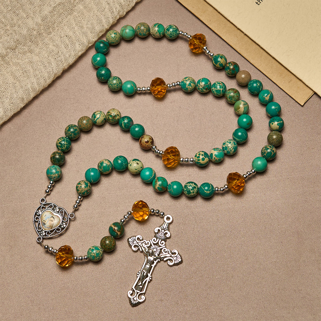Christianartworkshop Peace through Mary's Heart Rosary in Turquoise and Amber Hues - image 4