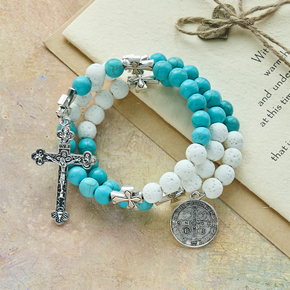 Gypsum & Turquoise Rosary Bracelet with Crucifix & Saint Benedict